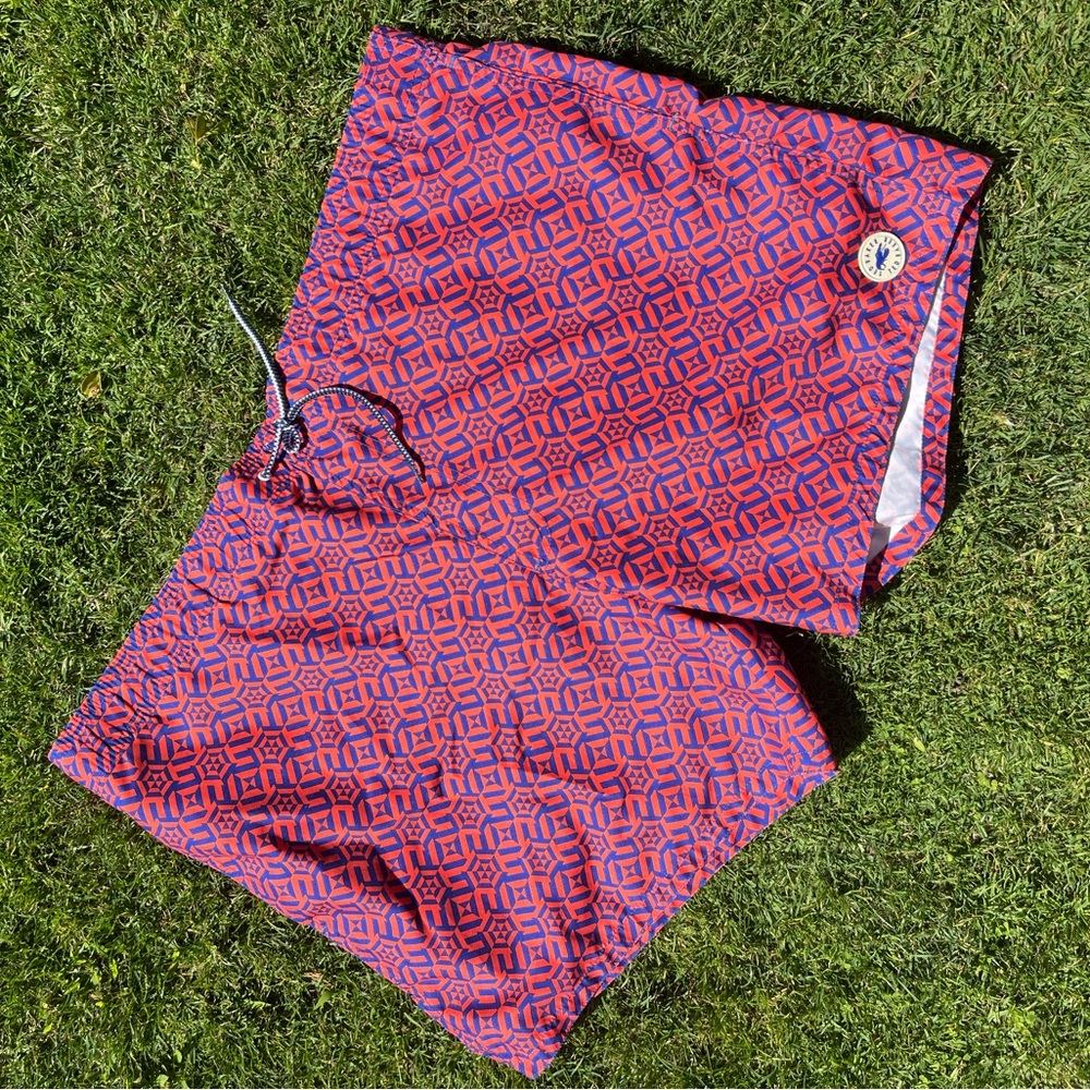 Ted Baker London Geometric red blue swim trunks 5” inseam XXXL size 7